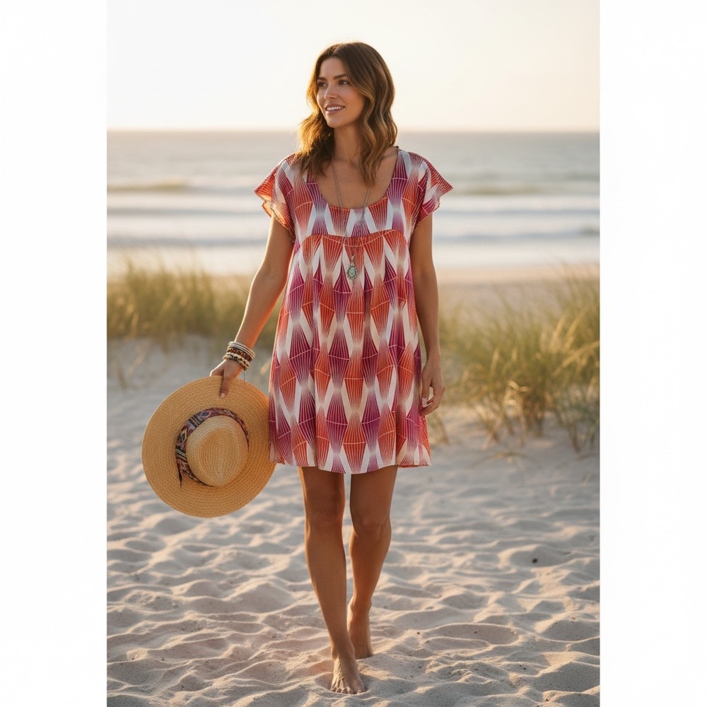 Y2K Babydoll Slip Dress Pink & Orange on Cream Flowy Retro Pattern Mini Dress 8